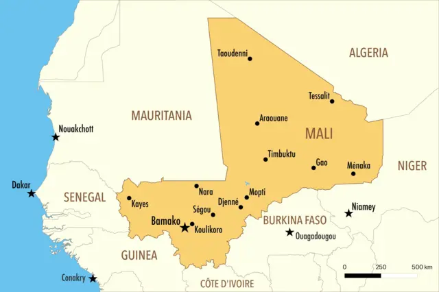 Carte du Mali avec les villes clés de l’Azawad : Gao, Tombouctou, Kidal et Ménaka
