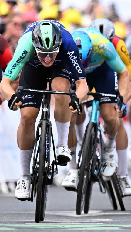 Olav Kooij (Decathlon CMA CGM) lors de la 5e étape du Tour de France, le 8 juillet 2026. (JASPER JACOBS / BELGA MAG)