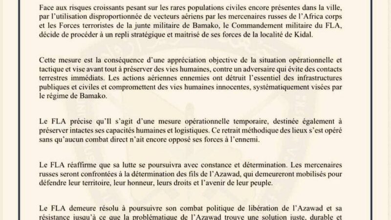 Kidal : le retrait du FLA suscite des réactions et redessine les perspectives de la guerre au Mali