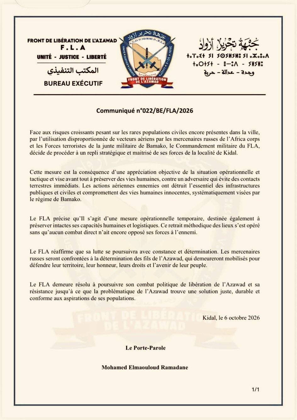 Kidal : le retrait du FLA suscite des réactions et redessine les perspectives de la guerre au Mali